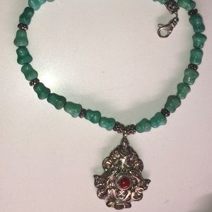 Green turquoise and sterling silver necklace.